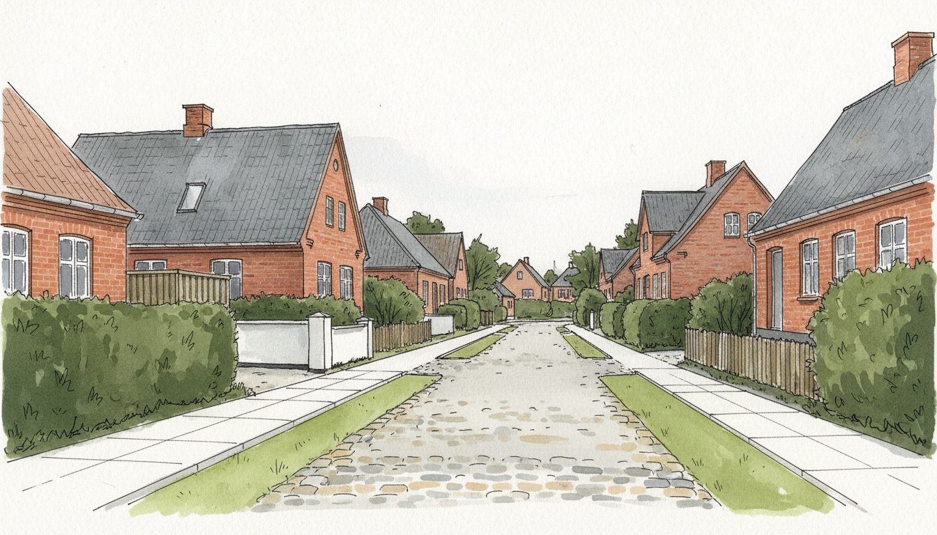 Illustration: jysk by med parcelhuse i blandede årgange