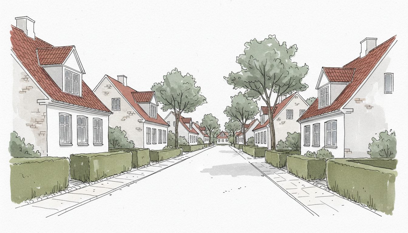 Illustration: sjællandsk by med ældre parcelhuse og stuehuse