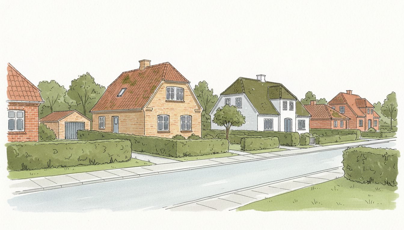 Illustration: fynsk by med parcelhuse i blandede årgange