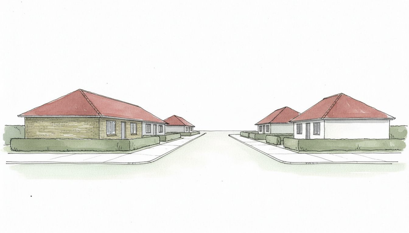 Illustration: sjællandsk by med blandet parcel- og rækkehusbebyggelse
