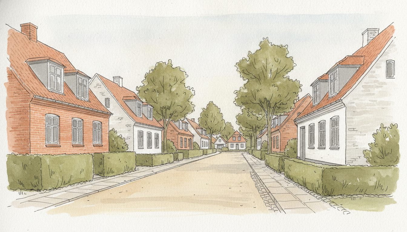 Illustration: fynsk by med ældre parcelhuse og stuehuse