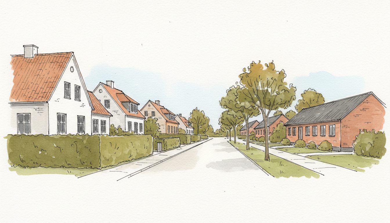 Illustration: fynsk forstadskvarter med villaer og rækkehuse