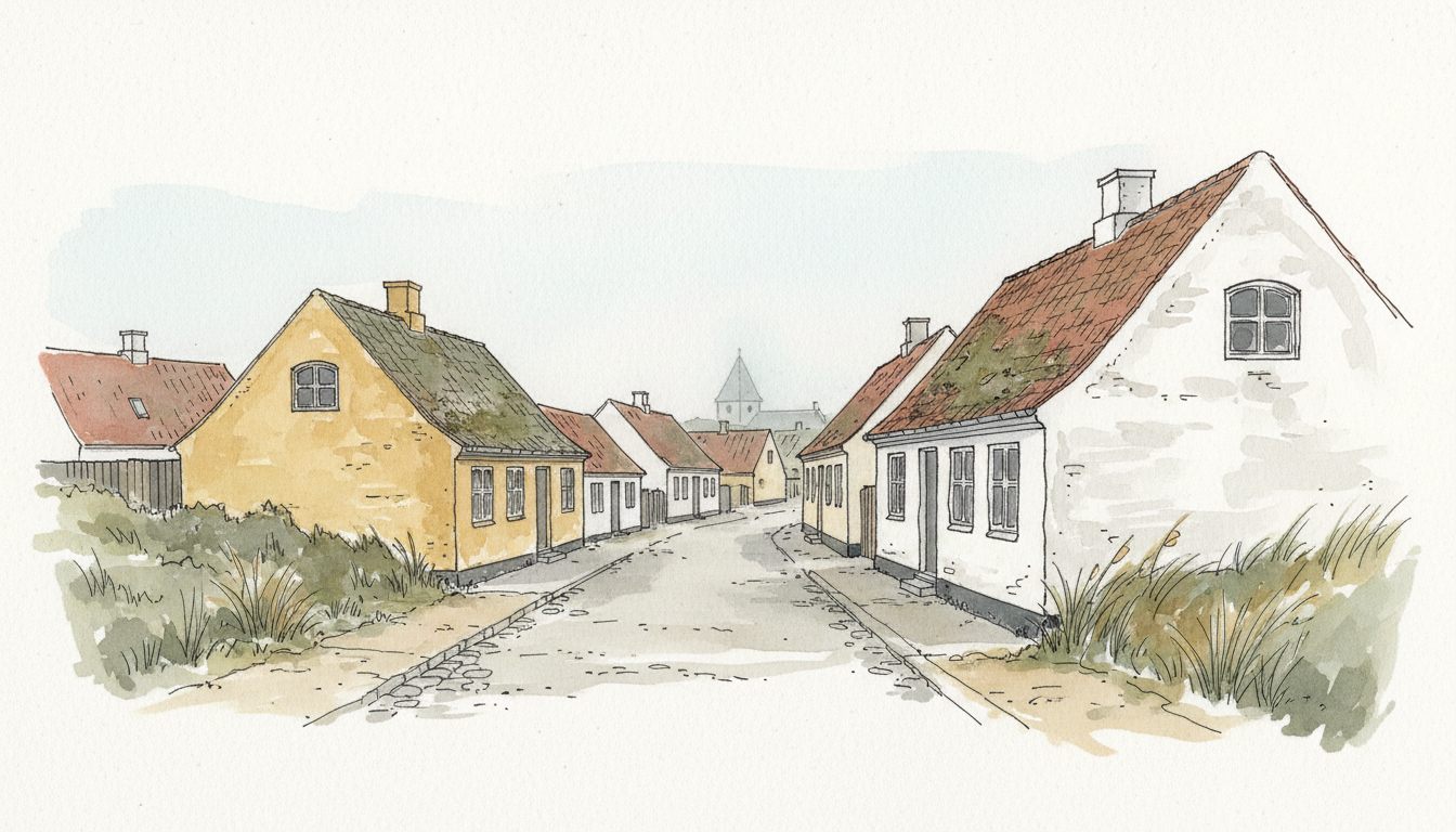 Illustration: lolland-falstersk landsby med gamle længehuse