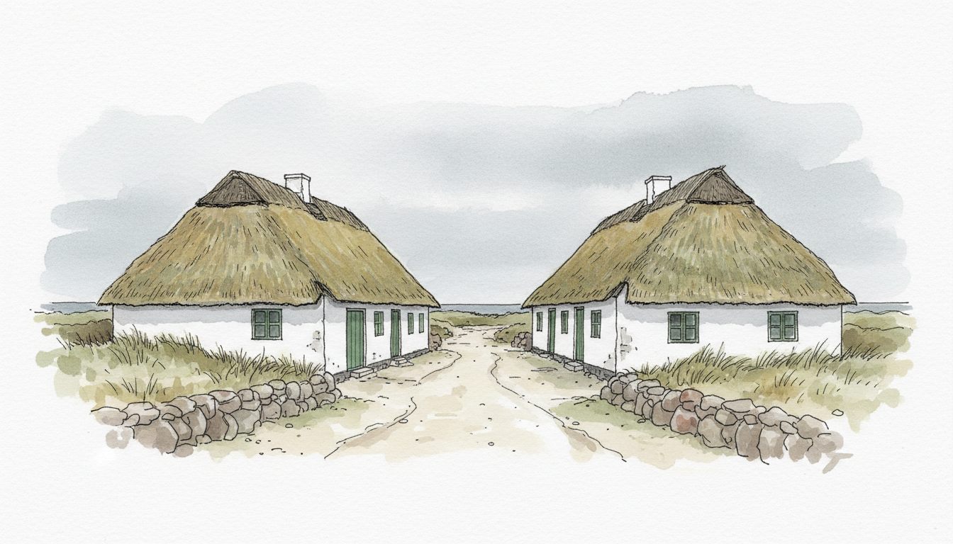 Illustration: vestjysk ø-bebyggelse med stråtækte skipperhuse