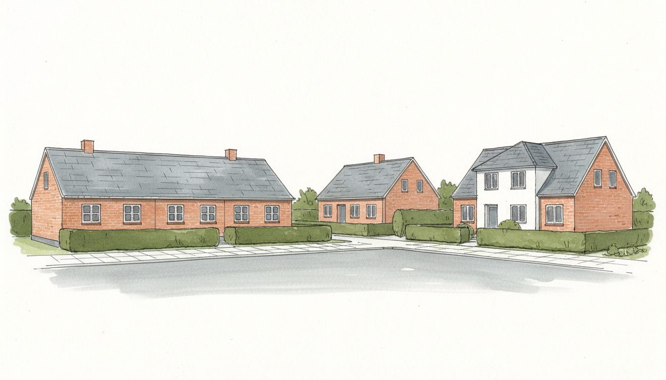 Illustration: jysk by med blandet parcel- og rækkehusbebyggelse