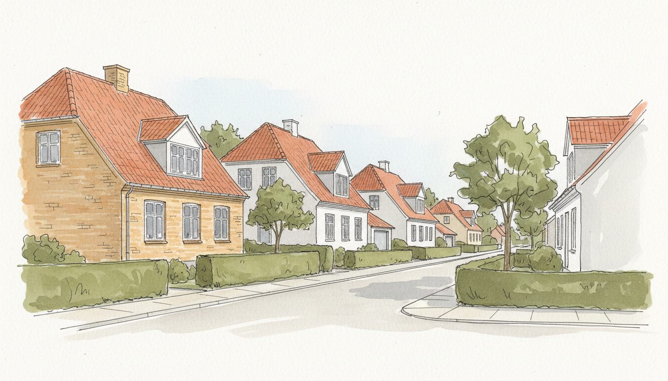 Illustration: fynsk by med ældre parcelhuse og stuehuse