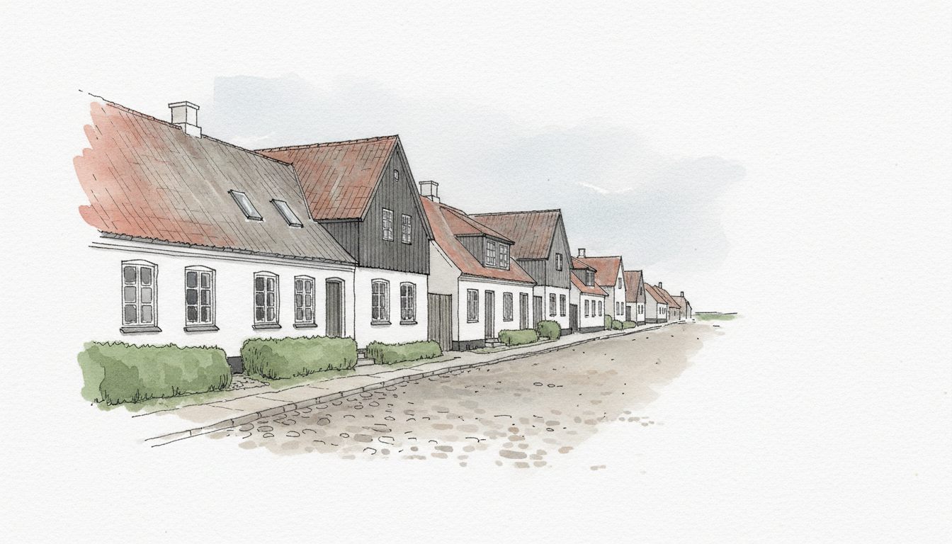 Illustration: vestjysk kystby med hvidkalkede huse og stejle tegltage