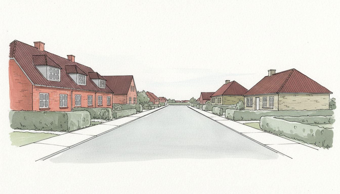 Illustration: sjællandsk by med blandet parcel- og rækkehusbebyggelse