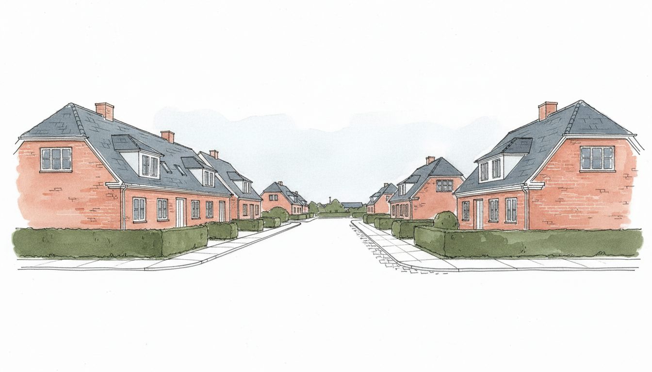 Illustration: jysk by med blandet parcel- og rækkehusbebyggelse