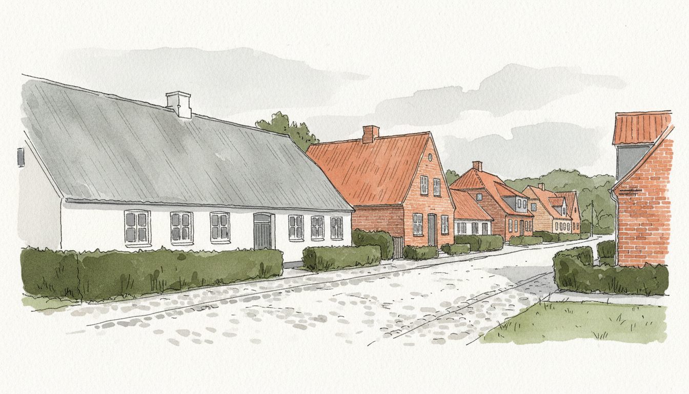 Illustration: østjysk landsby med blandet ældre og nyere bebyggelse