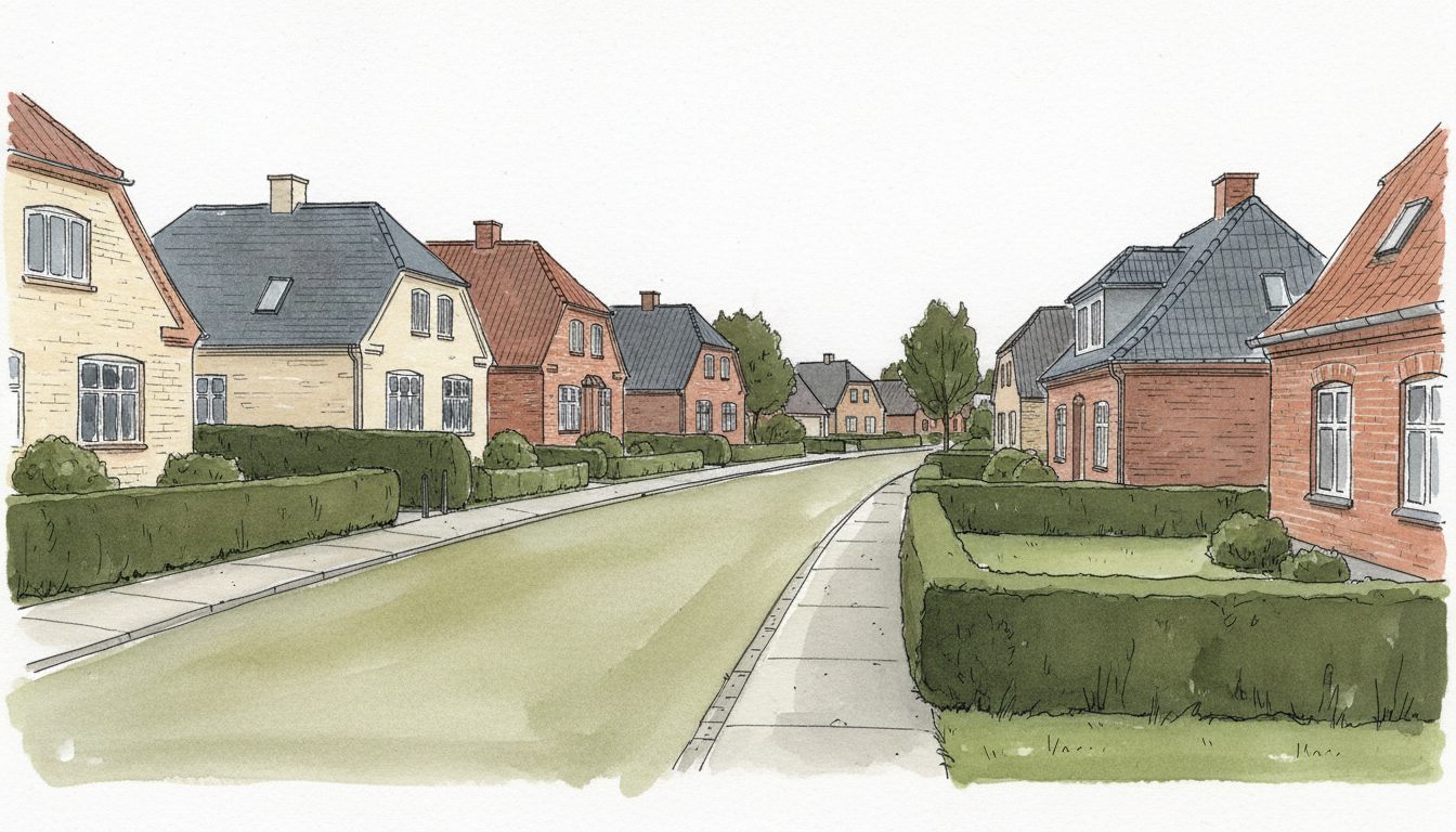 Illustration: hovedstadsforstad med parcelhuse i blandede årgange
