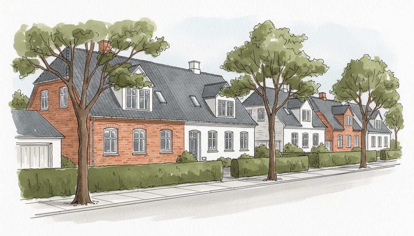 Illustration: limfjords-ø med lave stuehuse og røde teglhuse