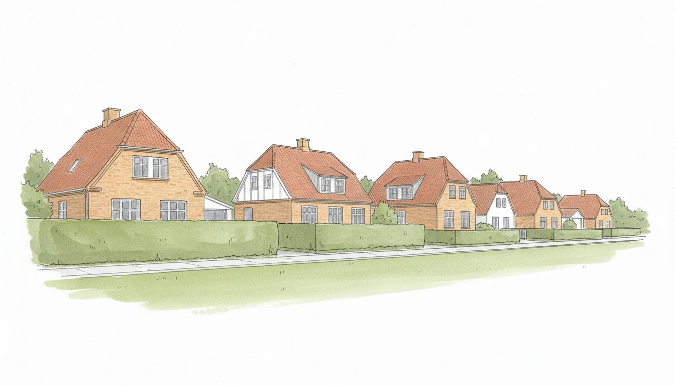 Illustration: fynsk by med parcelhuse i blandede årgange