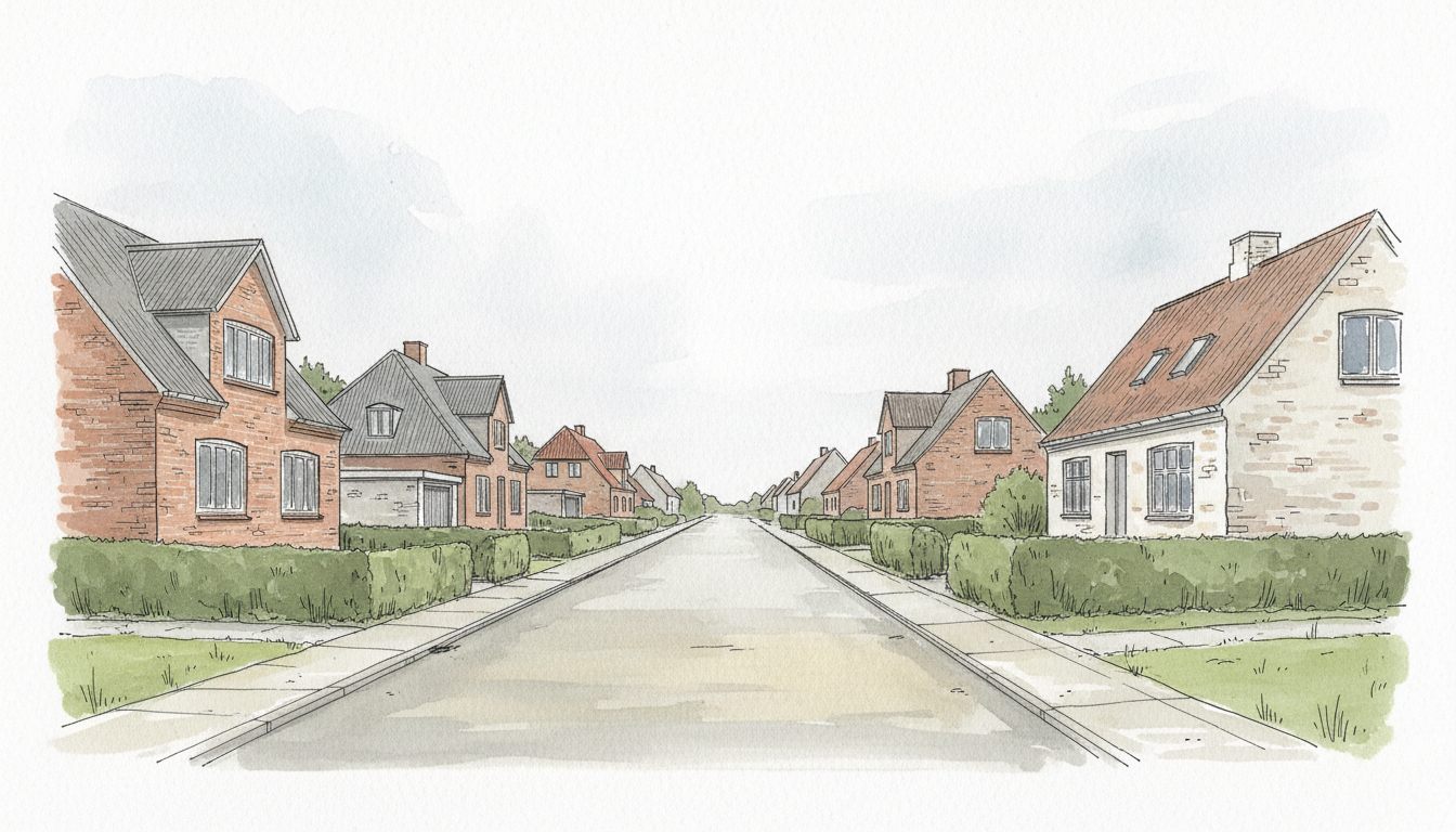 Illustration: nordjysk by med parcelhuse i blandede årgange