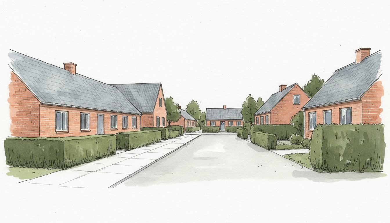 Illustration: jysk by med blandet parcel- og rækkehusbebyggelse