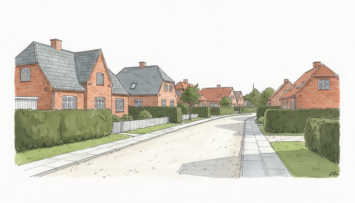Illustration: jysk by med parcelhuse i blandede årgange