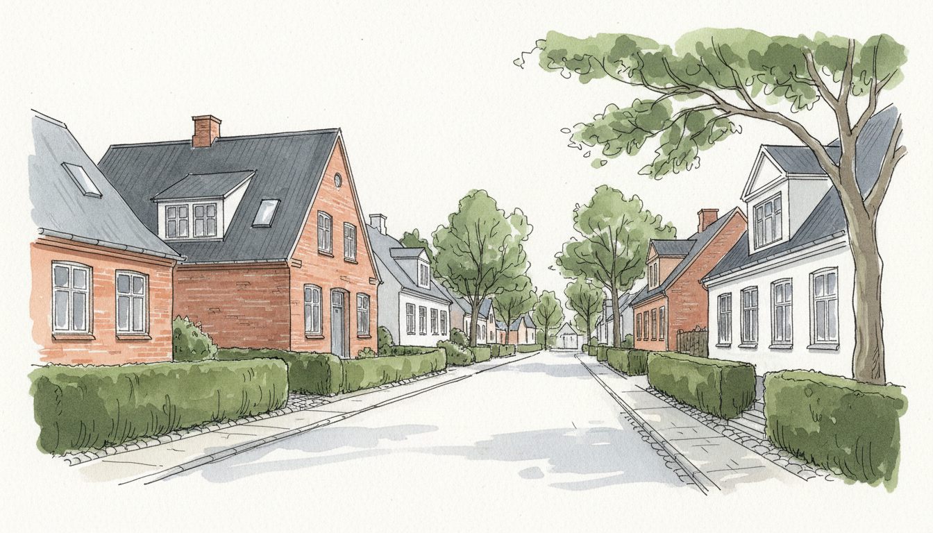 Illustration: jysk by med ældre parcelhuse og stuehuse