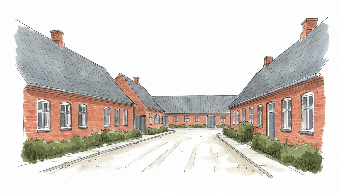 Illustration: sønderjysk by med røde teglhuse og lave længer