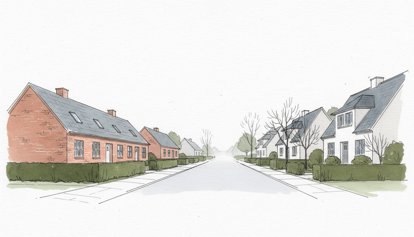 Illustration: jysk by med blandet parcel- og rækkehusbebyggelse