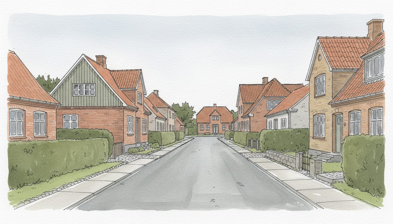 Illustration: sjællandsk by med parcelhuse i blandede årgange