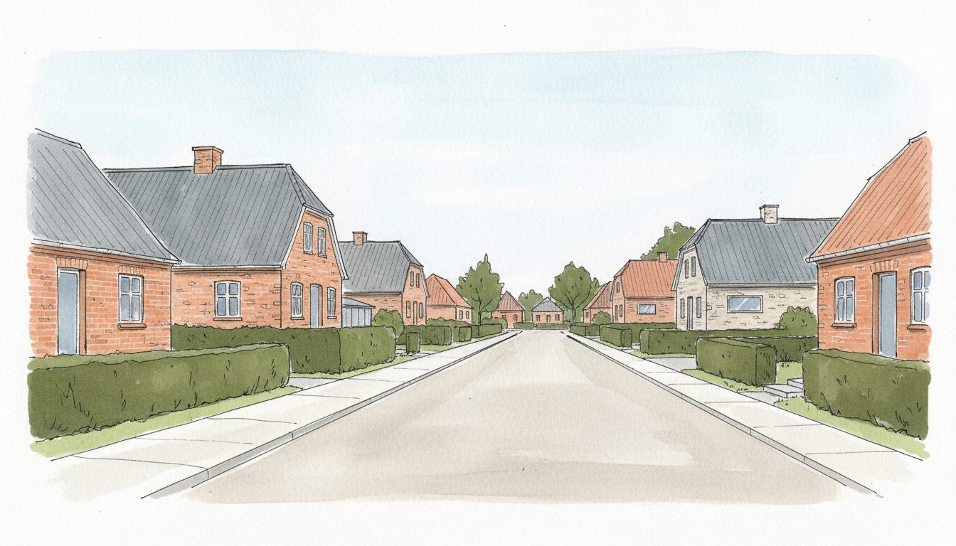 Illustration: jysk by med parcelhuse i blandede årgange