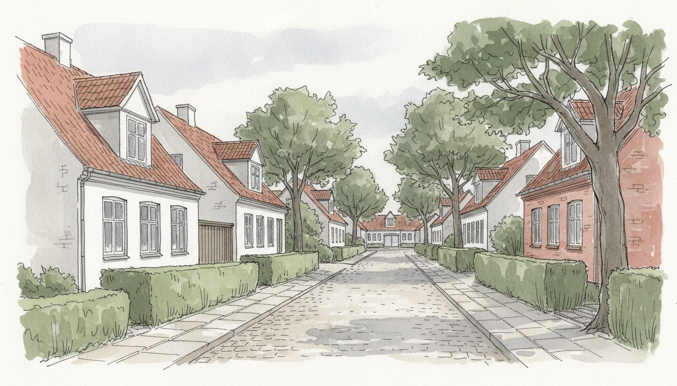 Illustration: vestjysk by med ældre parcelhuse og stuehuse