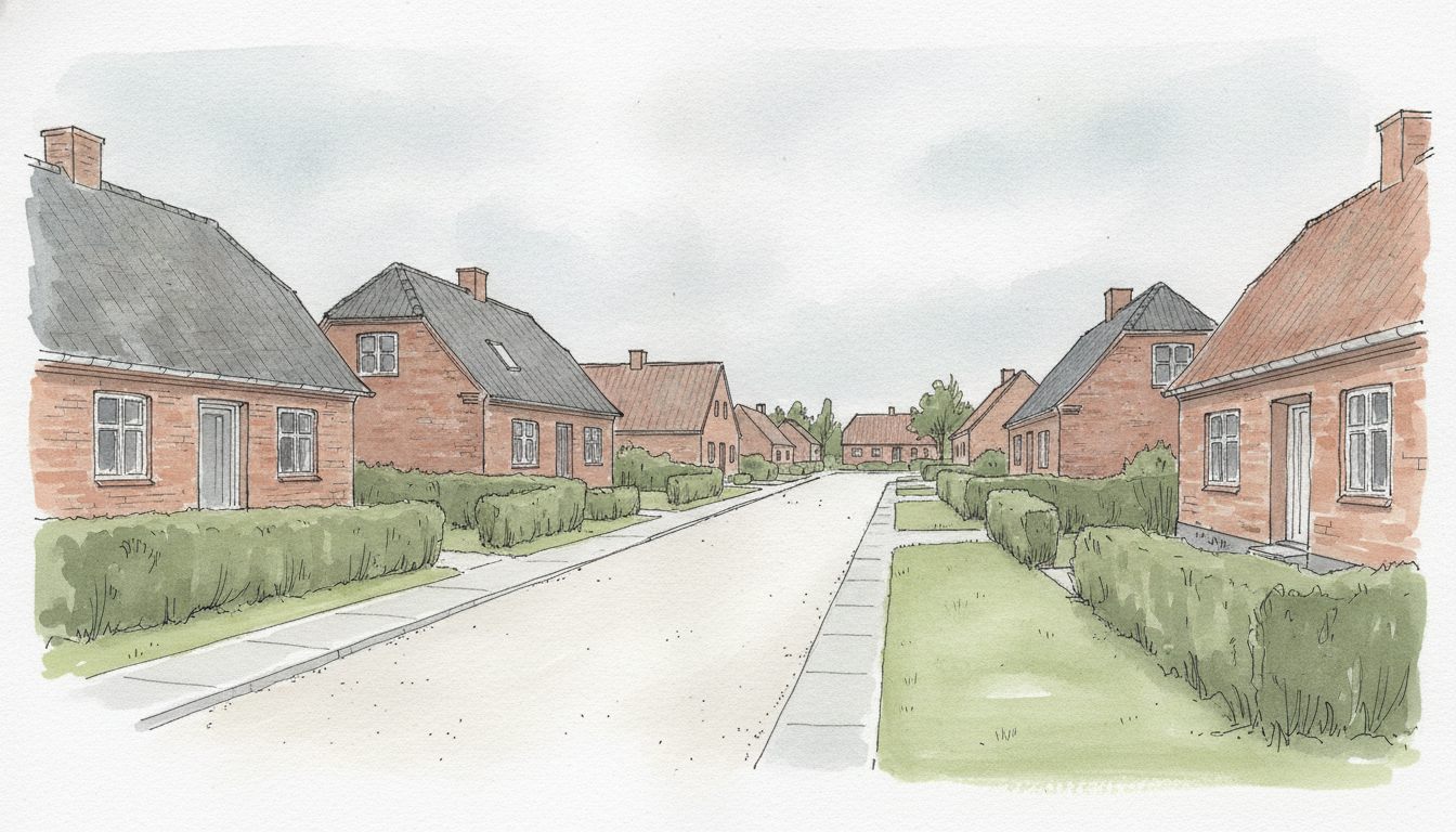 Illustration: vestjysk by med parcelhuse i blandede årgange
