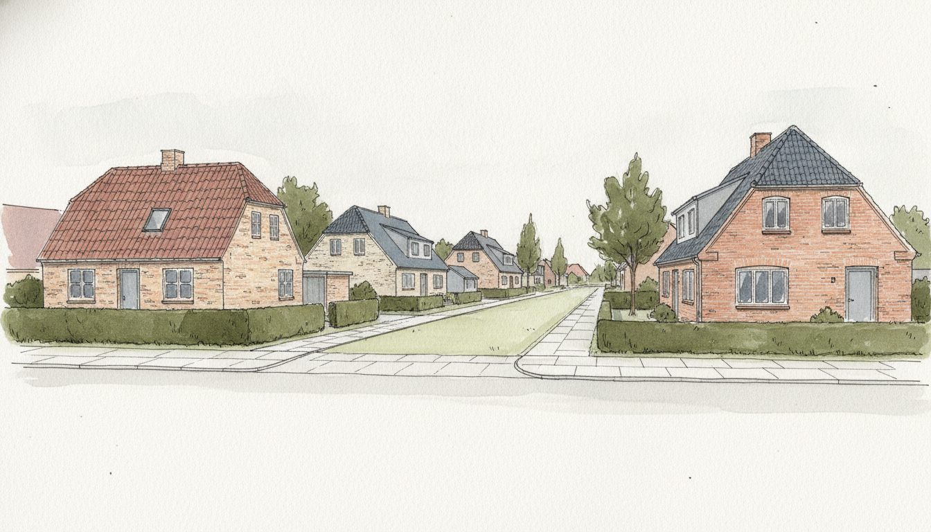 Illustration: hovedstadsforstad med parcelhuse i blandede årgange