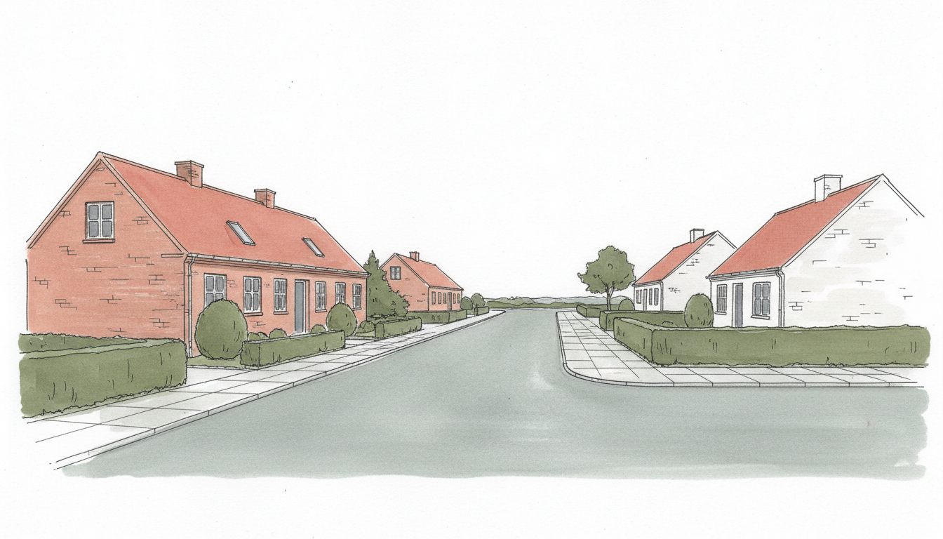 Illustration: sjællandsk by med blandet parcel- og rækkehusbebyggelse