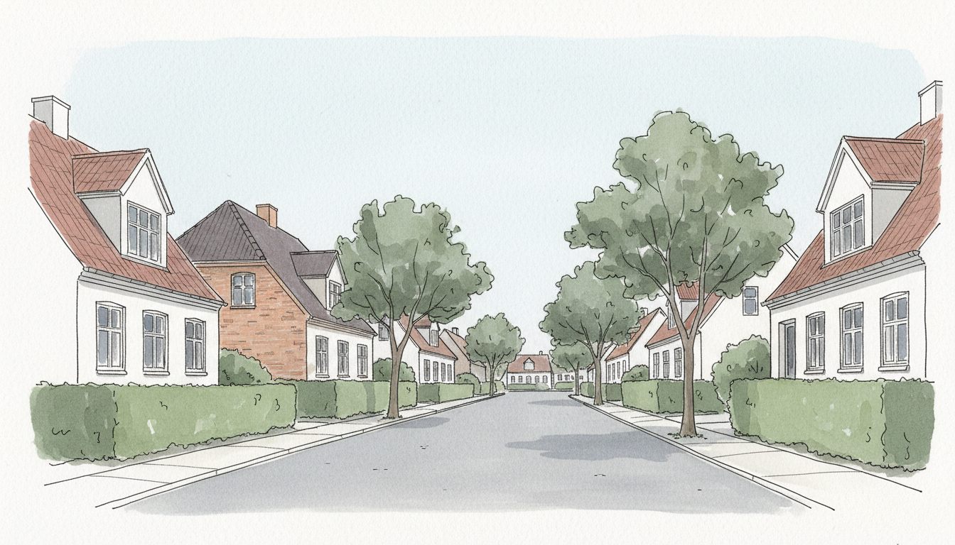 Illustration: sjællandsk by med ældre parcelhuse og stuehuse